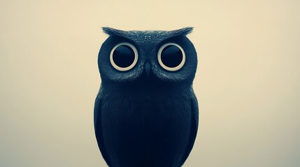 Obraz premium Simplified owl silhouette filled with a single solid color, featuring large circular eyes and a smooth curved body, set against a light grey background. Smooth and balanced composition, no shading,