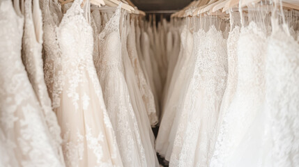 A beautifully lit bridal shop, showcasing a row of stunning white wedding dresses hanging neatly