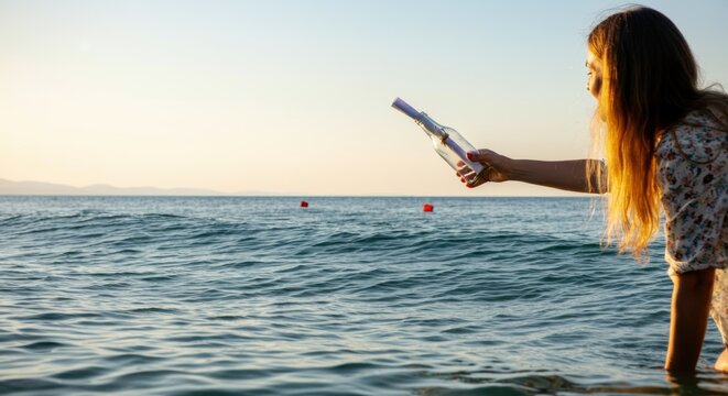 Young woman by ocean holds message in bottle, gazing at water with sun setting background