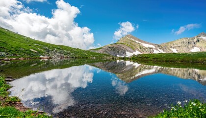 Fototapeta premium Mountain Lake Reflecting the Blue Sky and Clouds 