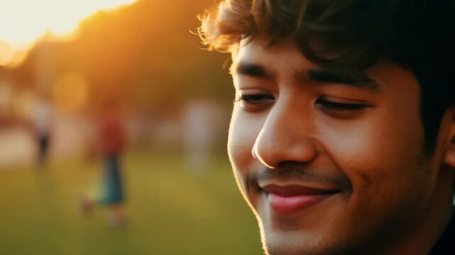 Close-up video of a young asian man with a shy smile, warm intimate lighting, blurred park background, static camera