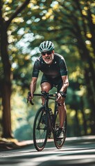 Fototapeta premium Dynamic portrait of a 50 year old cyclist embracing a sunny day with enthusiastic energy