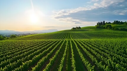 Aerial panoramic view of a lush green vineyard nestled in a picturesque countryside basking in the warm glow of the summer sun  The undulating rows of vines create a serene and tranquil landscape