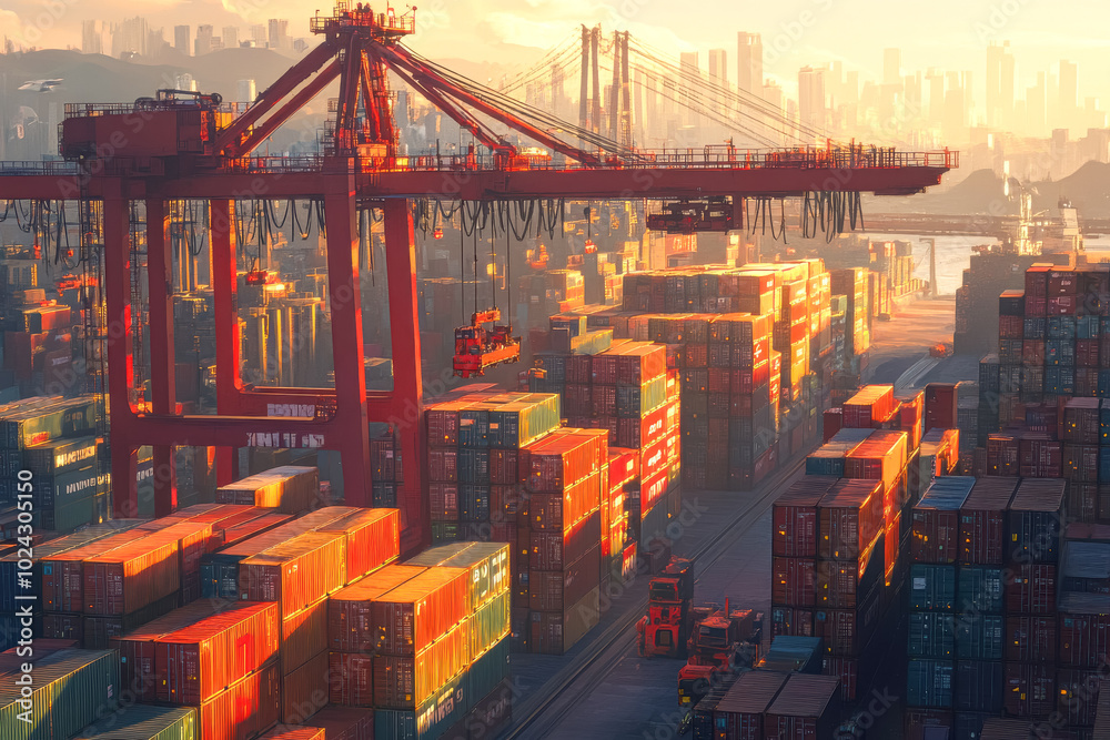 Wall mural a bustling industrial port at sunset, with stacks of colorful cargo containers and a large red crane