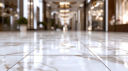 Fototapeta premium A polished marble floor in a well-lit corridor of a modern shopping center.
