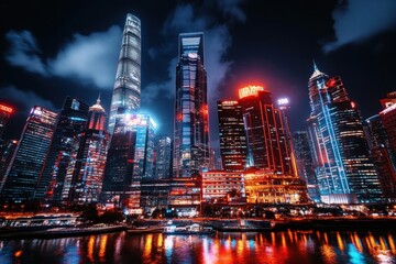 Fototapeta premium Night View of City Skyline with Bright Lights