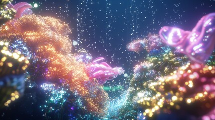 Fototapeta premium Tranquil Underwater Celestial Cosmos - 3D Render Illustration with Glowing Sea Creatures and Colorful Coral Reefs, Illuminated by Distant Stars