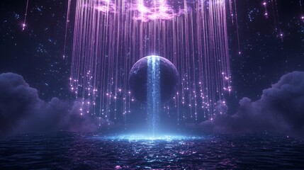 Luminous Cosmic Waterfall: A Celestial 3D Render of Cascading Stars from Floating Planet in Infinite Void