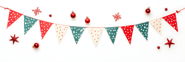 Colorful Christmas bunting with red decorations and festive ornaments
