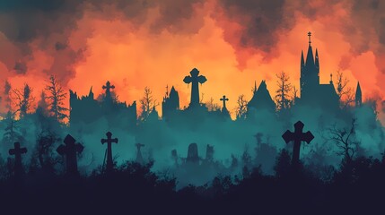 Fototapeta premium Dark silhouette of an eerie cemetery against a fiery sunset backdrop. Generative AI