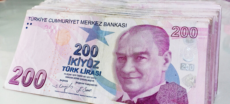 Background of Turkish lira. Turkish money. 50, 100 and 200 tl notes. Banner for website, desktop wallpaper, copy space for text and advertising, blank, empty, white, clear space