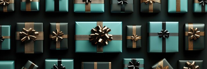 Elegant Holiday Collection. Neatly Arranged Gifts in Assorted Boxes on Contemporary Black Christmas Background
