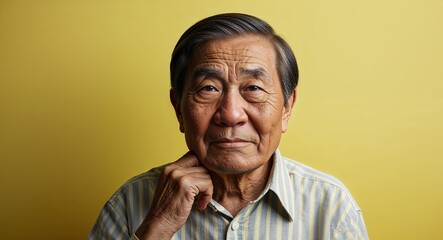 Obraz premium Elderly Asian man with broad nose thoughtful light yellow background