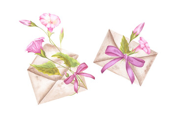 Pink morning glory Convolvulus, postal envelopes and ribbon. Hand-drawn watercolor composition isolated on white background. For design, advertising, postcards, logo, printing