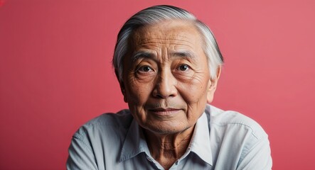 Obraz premium Elderly Asian man with small eyes thoughtful pale pink background