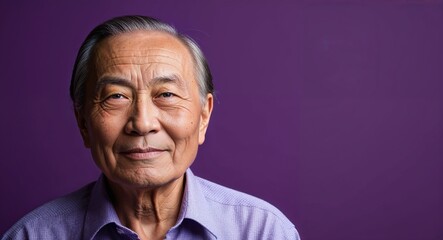 Fototapeta premium Elderly Asian man with smooth forehead relaxed light purple background