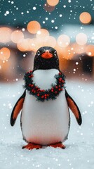 Fototapeta premium Penguin with a Christmas wreath around its neck, standing in a snow-covered village, 3D illustration