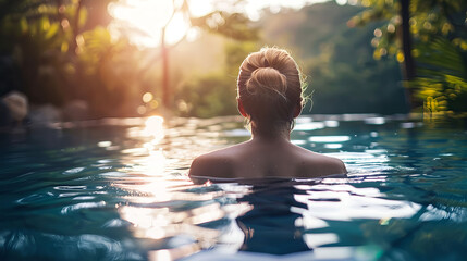 A woman is swimming in a pool with the sun shining on her. Spa, water wellness, fitness background with copy space
