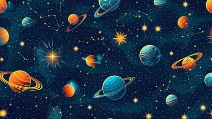 A vibrant, colorful space scene with planets, constellations, and twinkling stars.