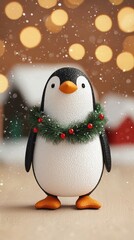 Penguin with a Christmas wreath around its neck, standing in a snow-covered village, 3D illustration