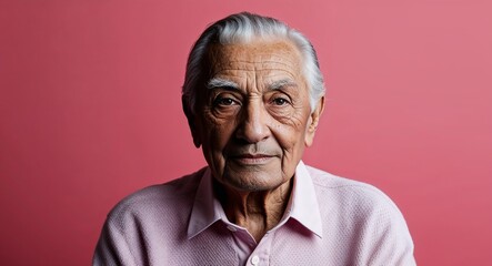 Obraz premium Elderly Latino man with deep set chin neutral face warm pink background