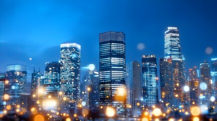 Naklejka premium Dramatic nighttime skyline of a high tech futuristic city with glowing skyscrapers towers and illuminated infrastructure Cyberpunk inspired architecture and lighting create a visually stunning