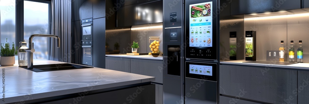 Fototapete This high-tech kitchen showcases a smart refrigerator with interactive features and an oven that responds to voice commands. Generative AI