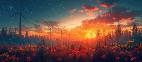 Wind Turbines Sunset Field