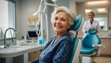 Senior woman sitting in a dental chair, smiling after a dental checkup, with a dentist in the background