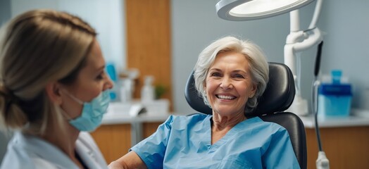 Senior woman sitting in a dental chair, smiling after a dental checkup, with a dentist in the background