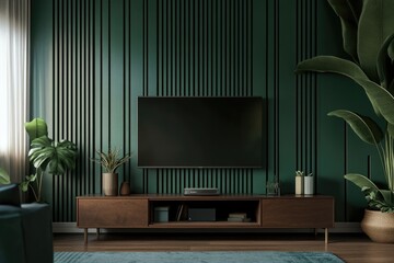 Scandinavian-inspired Living Room Interior with Green Wall and Minimalistic Design