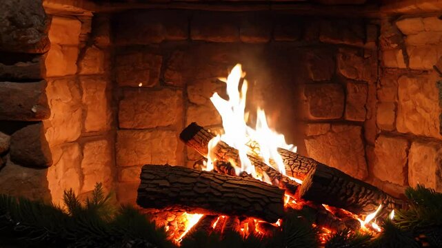 Cozy yule log burning in a stone fireplace during winter solstice, with evergreen boughs and pinecones decorating the mantel.