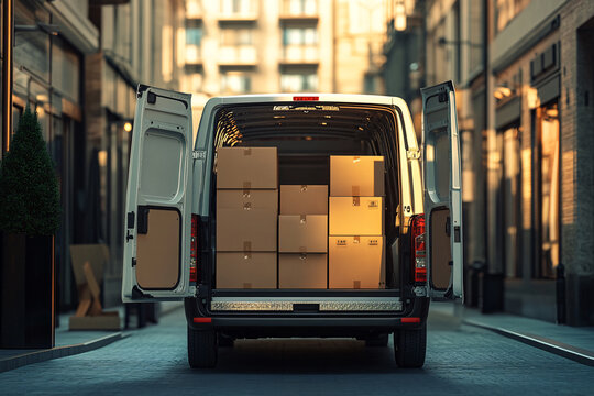 white delivery van with open doors with cardboard boxes on the street