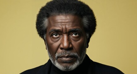 Obraz premium Middle aged Black man with deep eyes serious soft yellow background