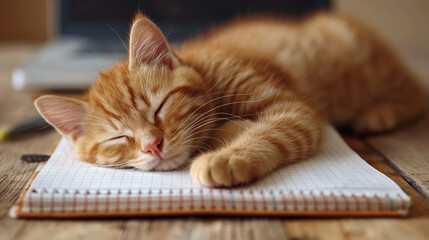Cute ginger kitten peacefully sleeping on a notepad, with its head and paws resting on the pages, looking comfortable and serene in a cozy indoor setting.