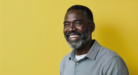 Obraz premium Middle aged Black man with short beard smiling bright yellow background