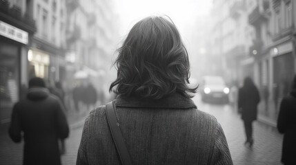 A woman walks down a misty city street, her back to the camera, lost in thought as she navigates the urban landscape.