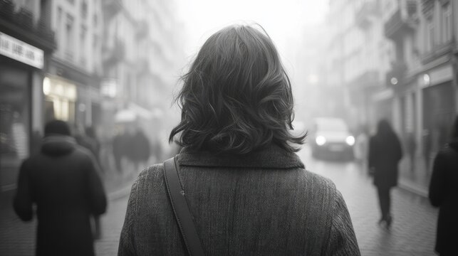 Fototapeta A woman walks down a misty city street, her back to the camera, lost in thought as she navigates the urban landscape.