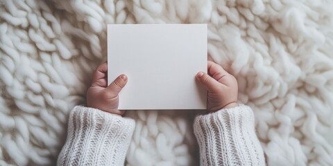 A child's hands hold a blank card, cozy in a chunky knitted sweater on a soft blanket.