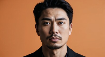 Young Asian man with high cheekbones serious soft orange background