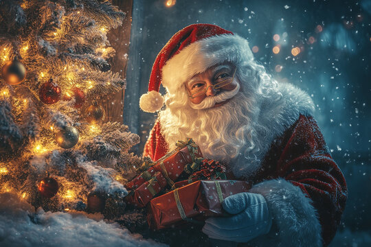 A joyful Santa Claus in festive setting, surrounded by beautifully decorated Christmas tree and sparkling lights, holds colorful presents, evoking spirit of holiday season