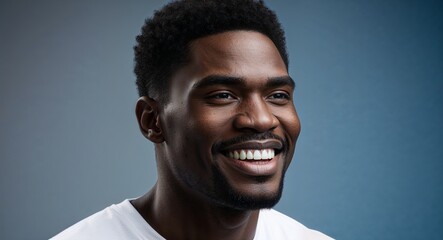 Obraz premium Young Black man with sharp jawline smiling blue gradient background