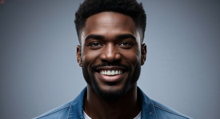 Obraz premium Young Black man with sharp jawline smiling blue gradient background
