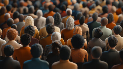 A diverse crowd of people is depicted, showcasing variety of hairstyles and clothing colors, creating vibrant and engaging atmosphere. scene captures essence of community and togetherness