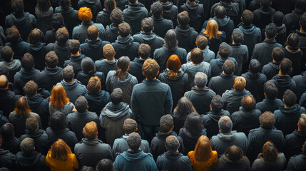 Obraz premium A diverse crowd of people stands closely together, showcasing variety of hair colors and styles, all dressed in dark clothing. scene conveys sense of unity and collective presence