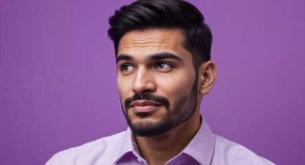 Obraz premium Young Latino man with pronounced jaw thoughtful warm purple background