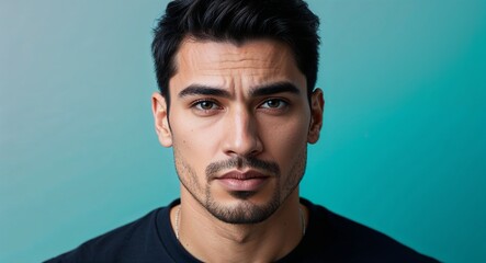 Fototapeta premium Young Latino man with sharp chin neutral face light teal gradient background