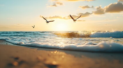 Fototapeta premium Dramatic sunset seascape with crashing waves on the shore and a double exposure silhouette of seagulls in the golden sky Tranquil coastal scene with copy space