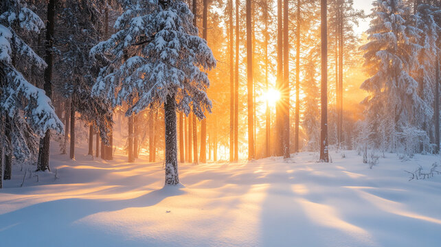 Sunrise illuminates a snow-covered forest on the winter solstice