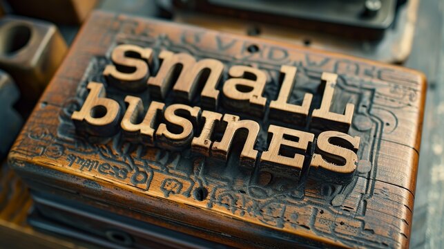 Small business text displayed in vintage letterpress wood type printing blocks illustrating retro typography and traditional printing techniques
